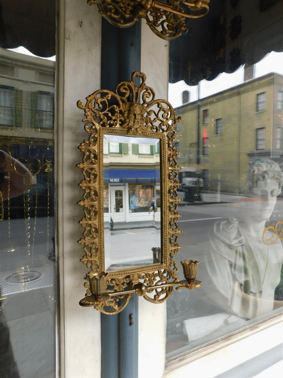 American Empire Pair of American Gilt Bronze & Beveled Mirror Figural Mask Wall Sconces, C 1880  For Sale