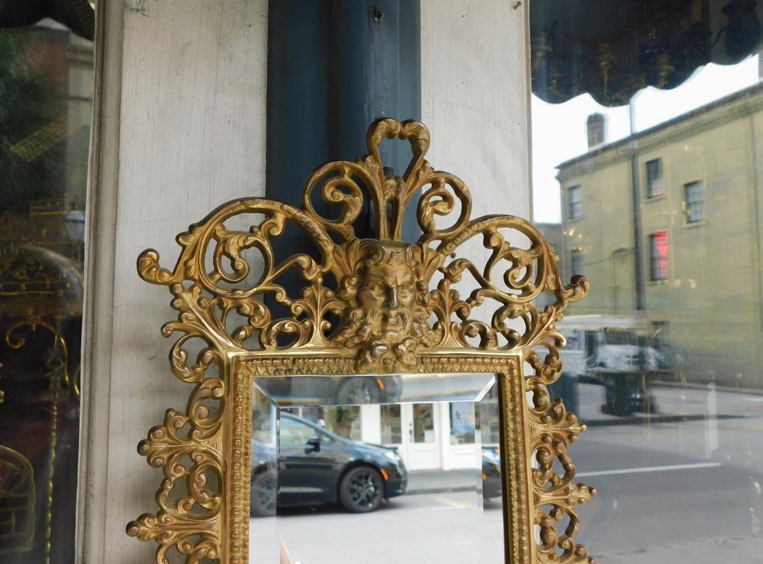 Pair of American Gilt Bronze & Beveled Mirror Figural Mask Wall Sconces, C 1880  In Excellent Condition For Sale In Hollywood, SC