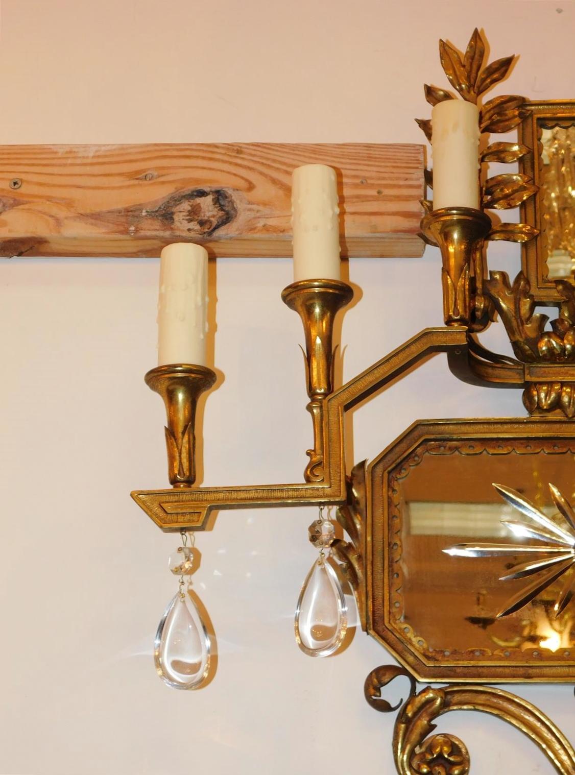 Late 19th Century Pair of American Gilt Bronze & Star Mirrored Wall Sconces, Caldwell & Co. C 1870 For Sale