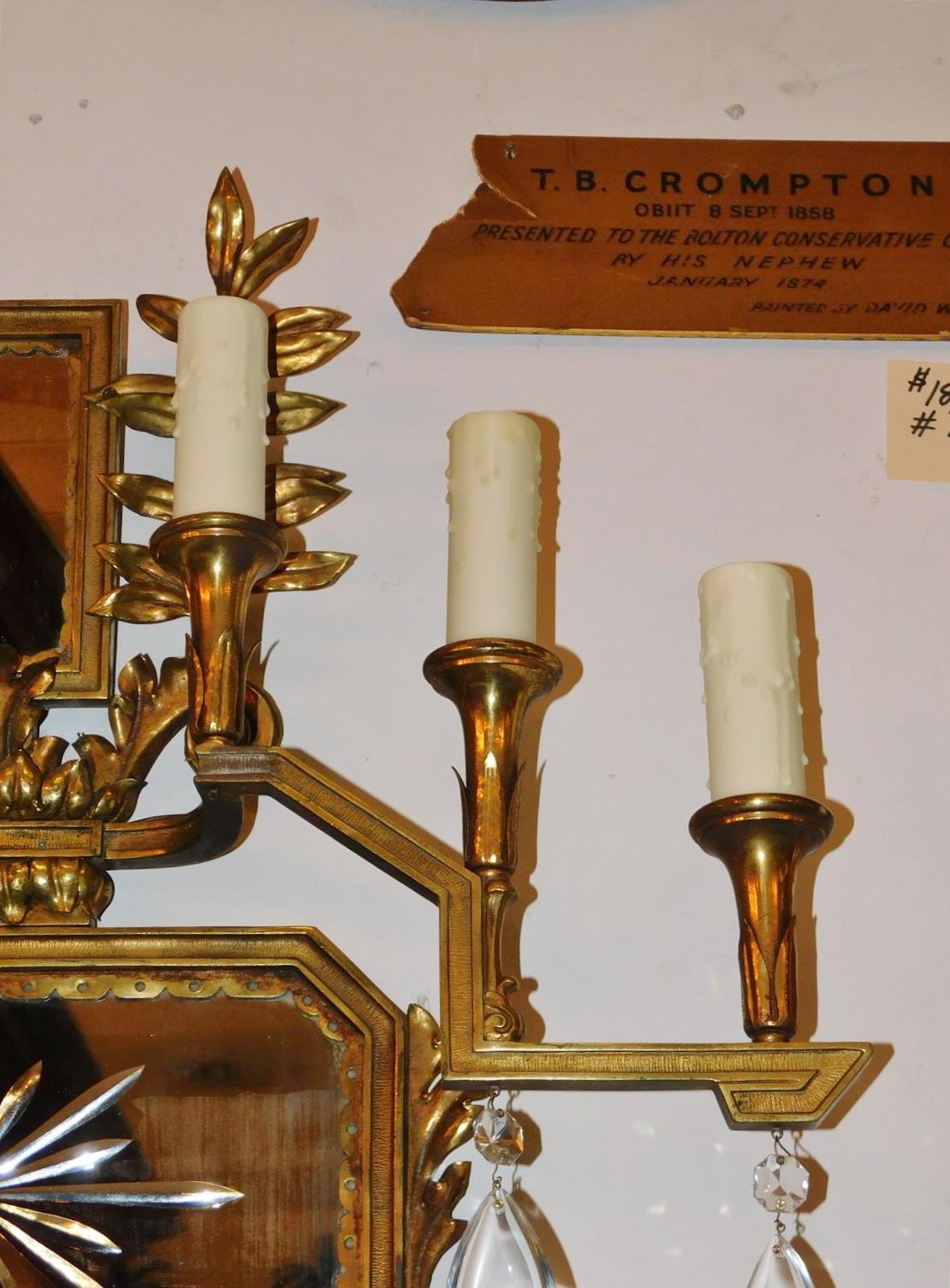Crystal Pair of American Gilt Bronze & Star Mirrored Wall Sconces, Caldwell & Co. C 1870 For Sale