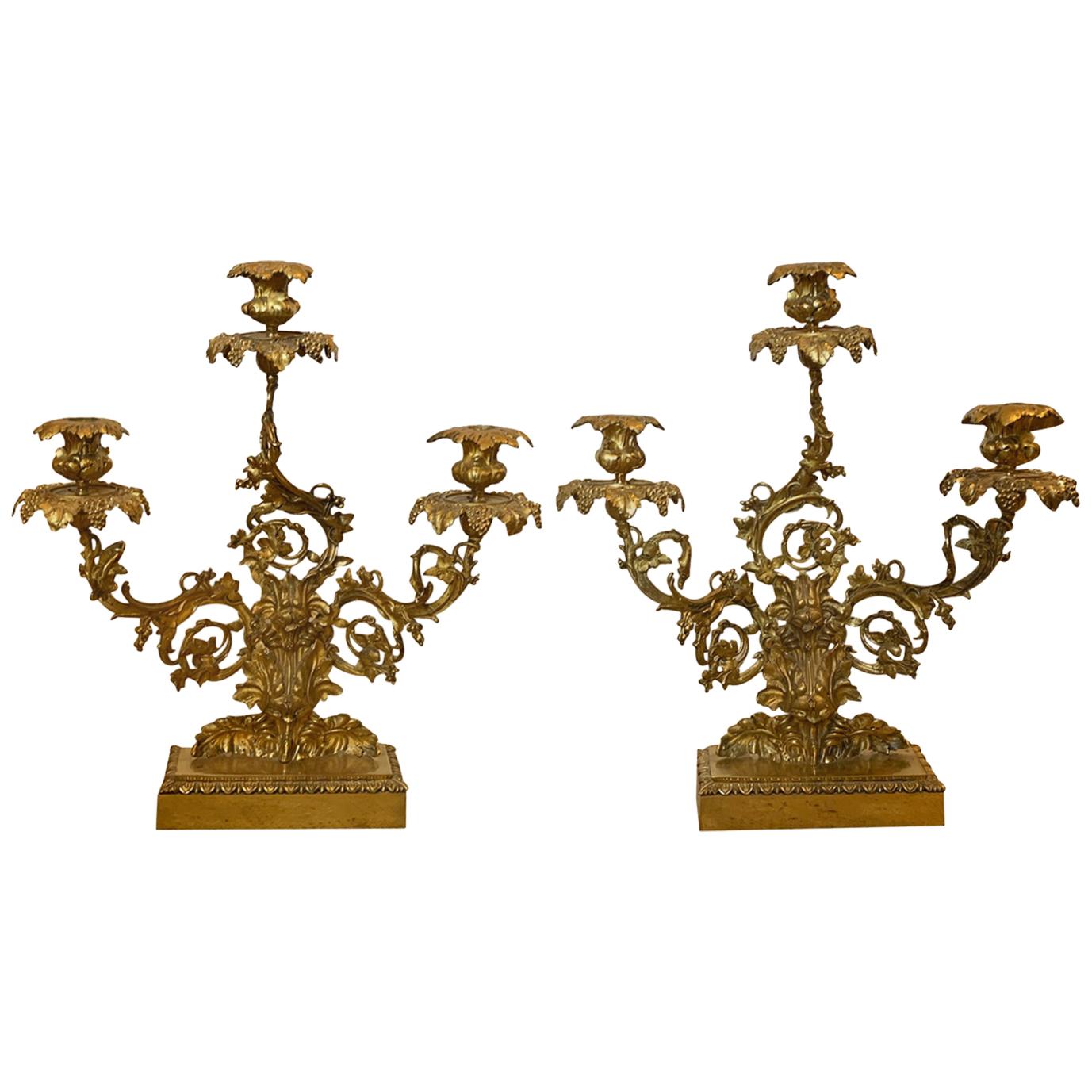 Pair of American Gilt Bronze Three-Arm Candelabras, Grape Leaf Motif For Sale