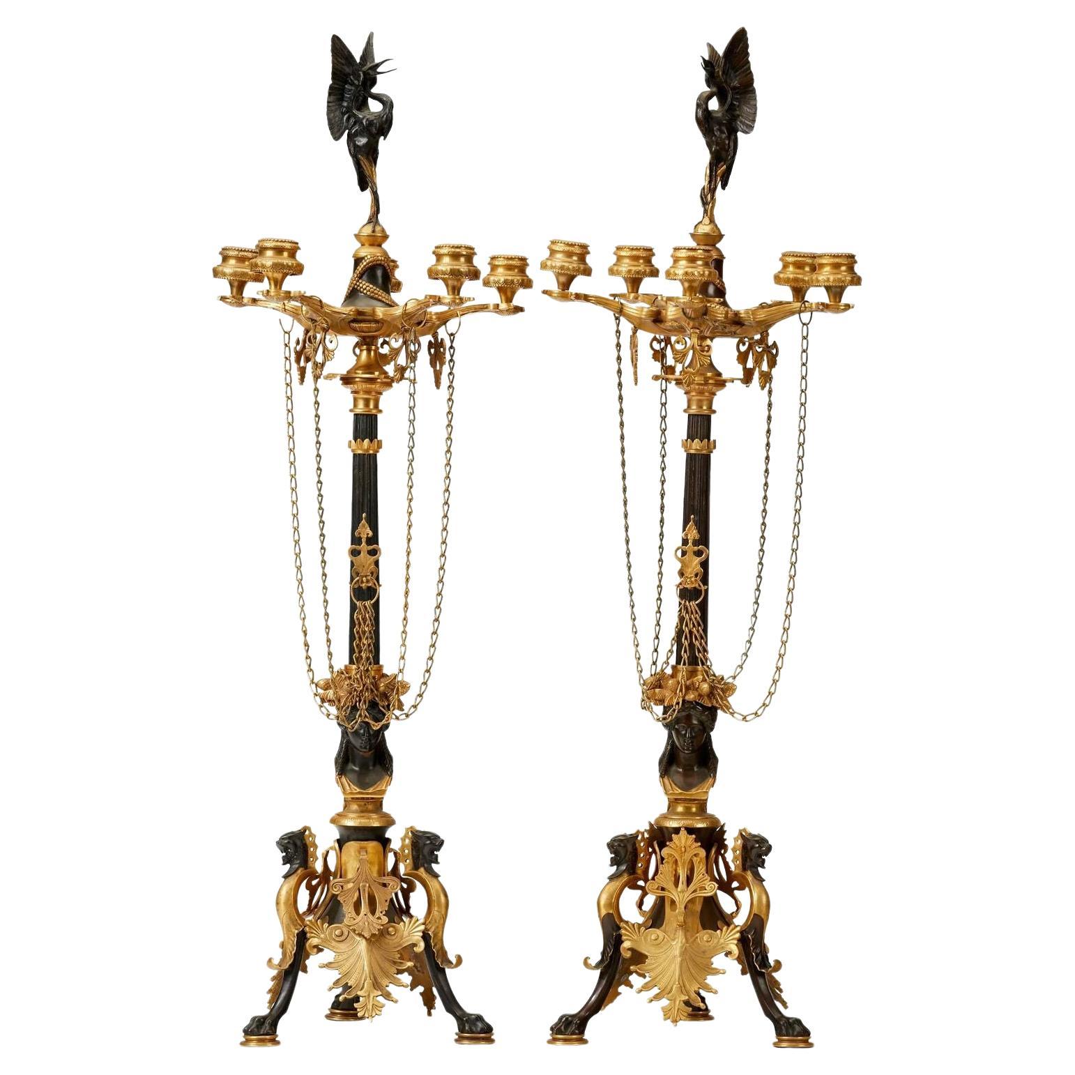 Pair of American Gilt D'ore Gold & Patinated Dark Bronze Candelabras