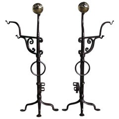 Pair of American Goose Neck Wrought Iron and Brass Ball Andirons.  Circa 1760