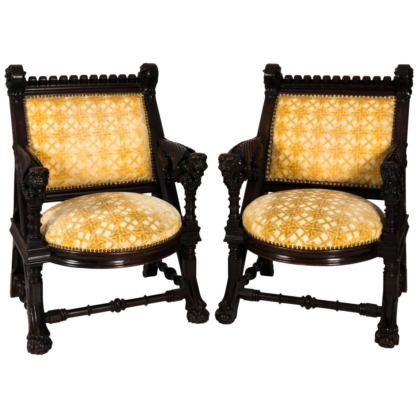 Pair of American Gothic Revival Armchairs by Daniel Pabst, circa 1878
