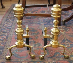 Pair of American Harvin Solid Cast Brass Old Reprod. "Federal Style" Andirons