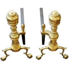 Pair of American Harvin Solid Cast Brass Old Reprod. "Federal Style" Andirons