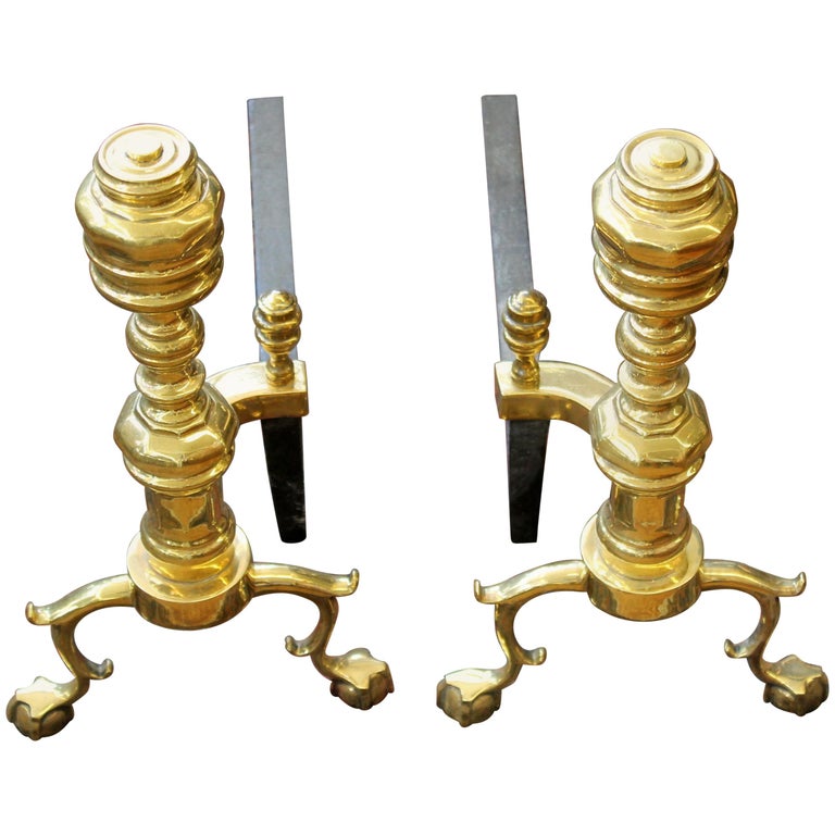 Pair of American Harvin Solid Cast Brass Old Reprod. "Federal Style"  Andirons at 1stDibs | how to tell age of andirons