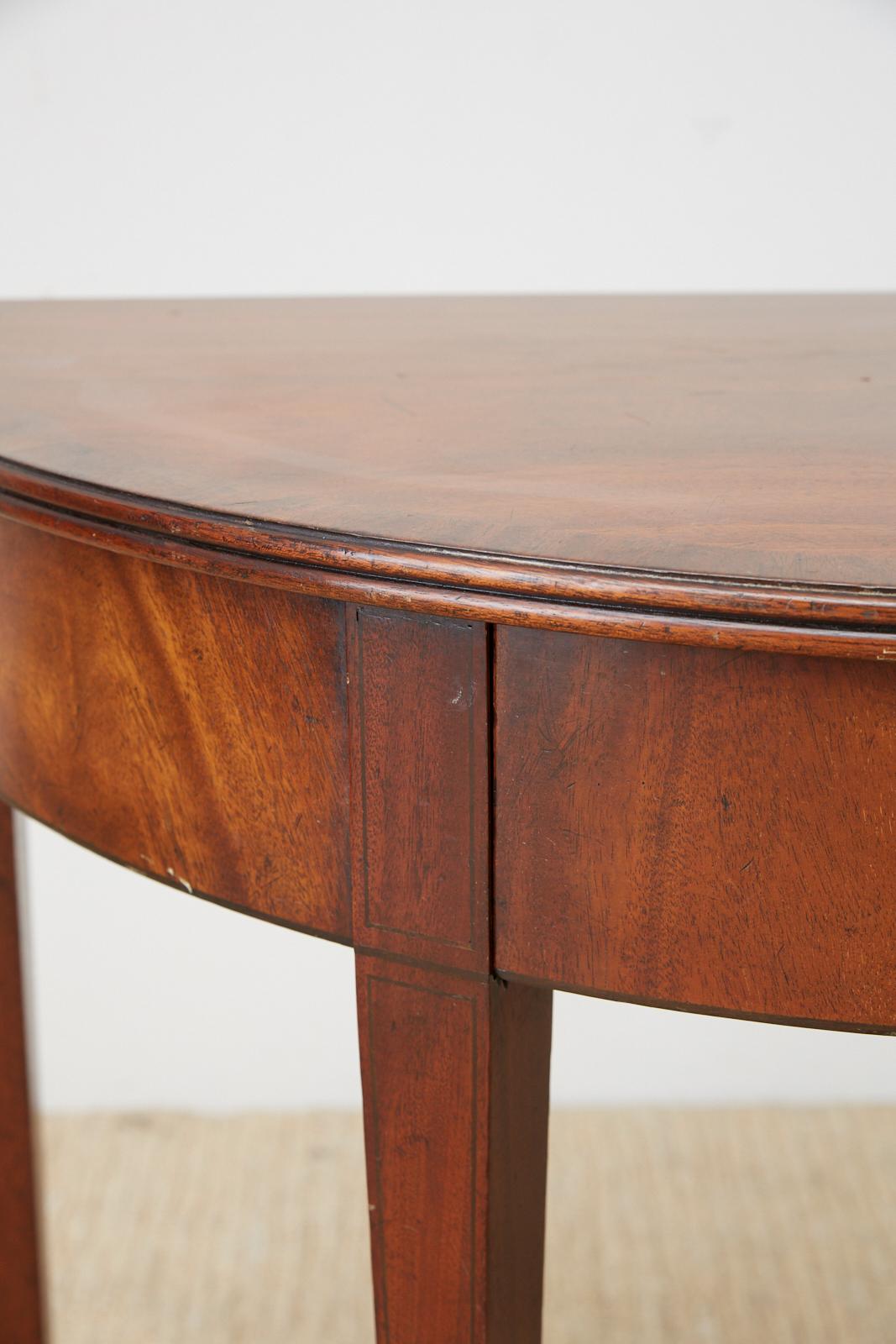 Hand-Crafted Pair of American Hepplewhite Style Demilune Console Tables