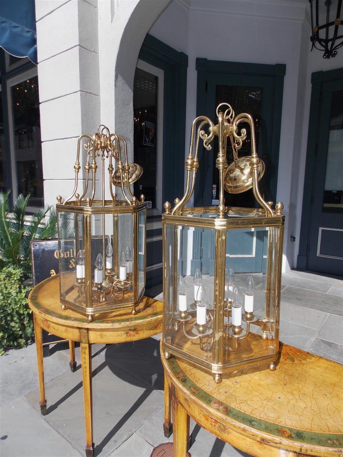 American Colonial Pair of American Hexagon Brass and Bevelled Glass Hanging Hall Lanterns, C. 1880