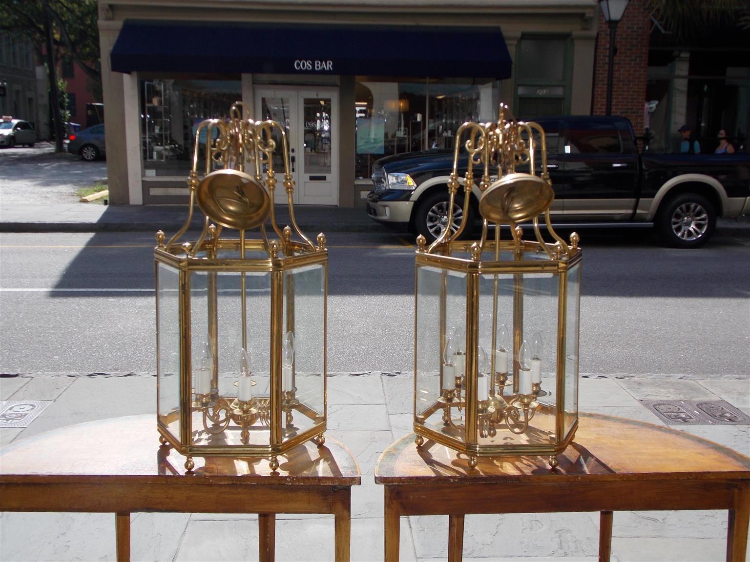 Pair of American Hexagon Brass and Bevelled Glass Hanging Hall Lanterns, C. 1880 1