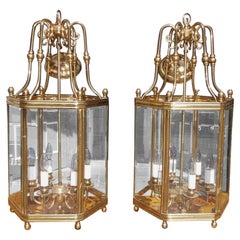 Antique Pair of American Hexagon Brass and Bevelled Glass Hanging Hall Lanterns, C. 1880