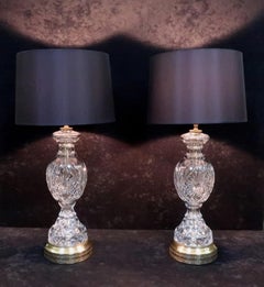 Pair of American Hollywood Regency Midcentury Crystal Glass Table Lamps