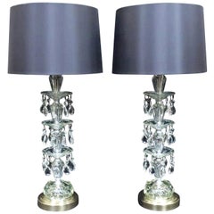 Pair of American Hollywood Regency Midcentury Crystal Glass Table Lamps