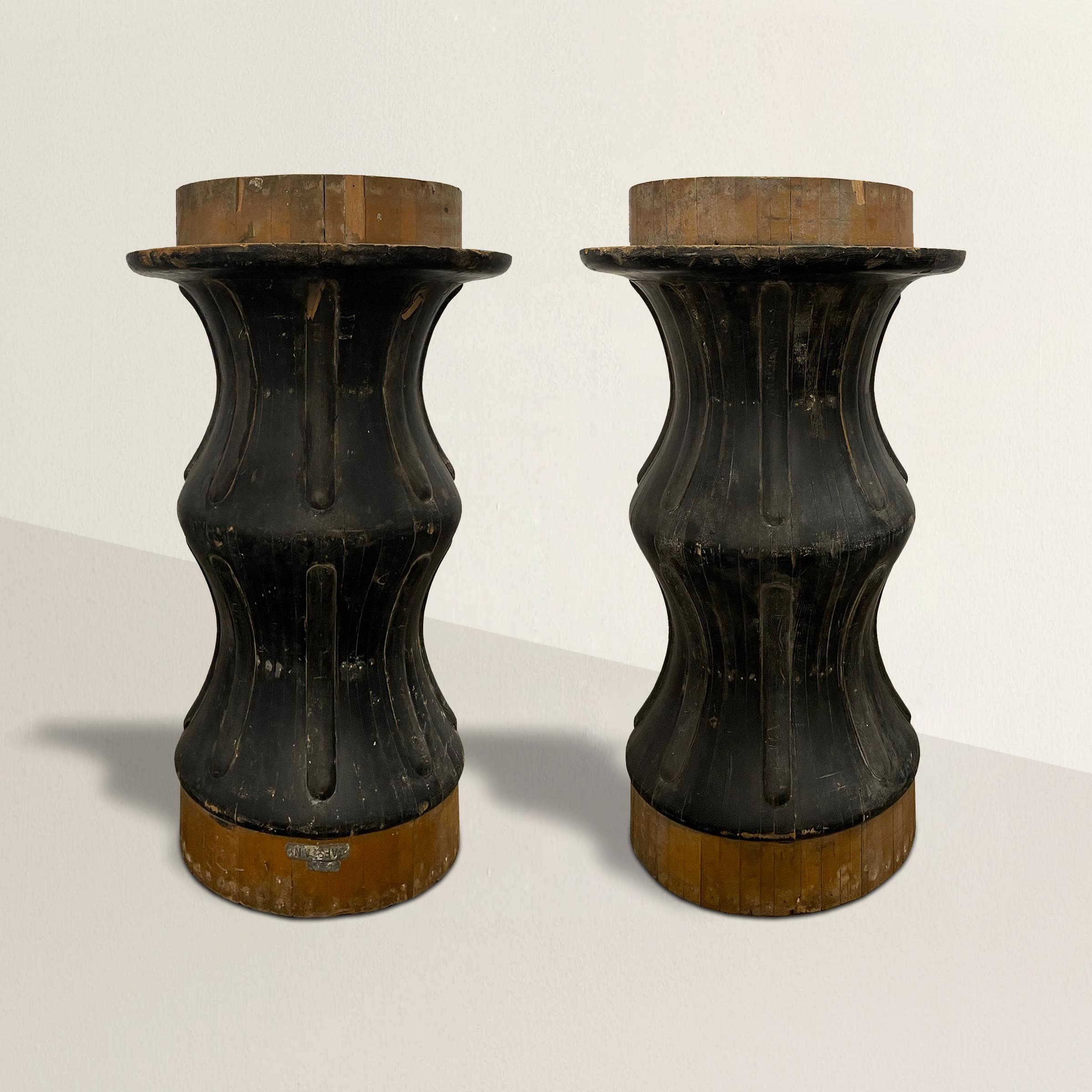 A bold and playful early 20th century American industrial mold from the ship yards of Sturgeon Bay, Wisconsin, and originally used to make parts for steamboats. Today it makes the most interesting pair of console tables or pedestals to flank a