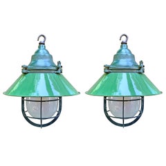 Pair of American Industrial Enamel Pendant Light Fixtures