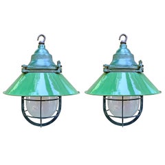 Pair of American Industrial Enamel Pendant Light Fixtures