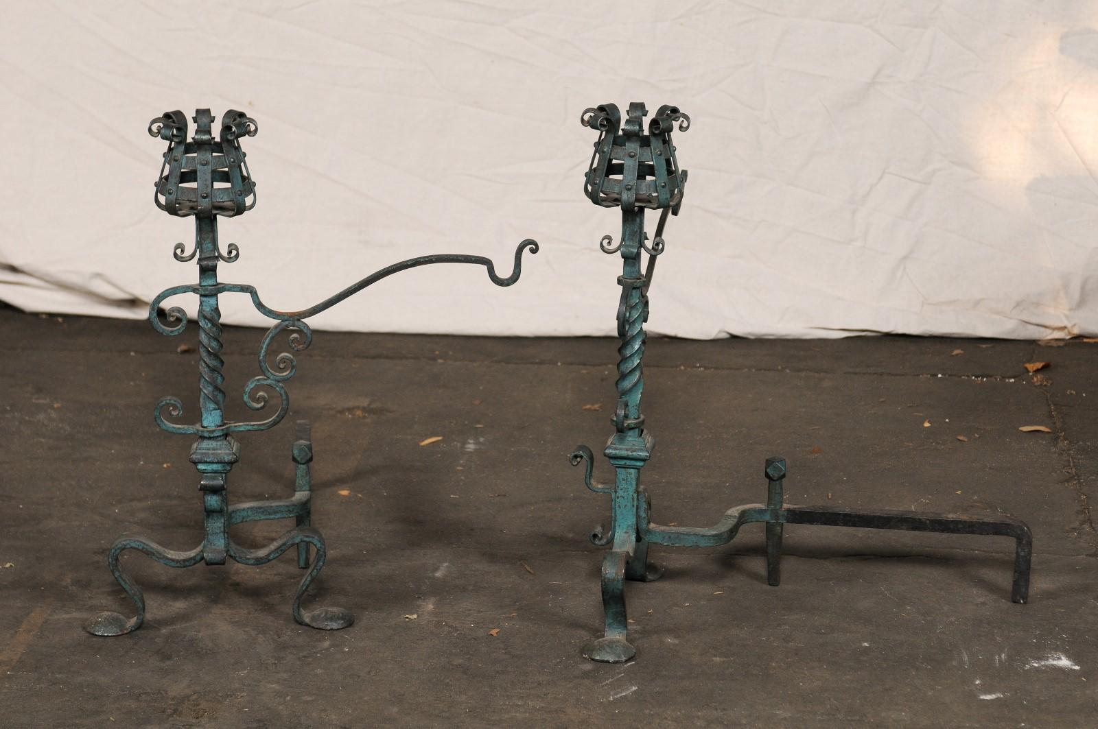 Pair of American Iron Andirons with Patina Finish and Cooking Arms, circa 1900 For Sale 6