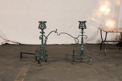 Pair of American Iron Andirons with Patina Finish and Cooking Arms, circa 1900