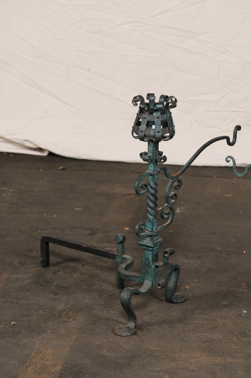 Pair of American Iron Andirons with Patina Finish and Cooking Arms, circa 1900 In Good Condition For Sale In Atlanta, GA
