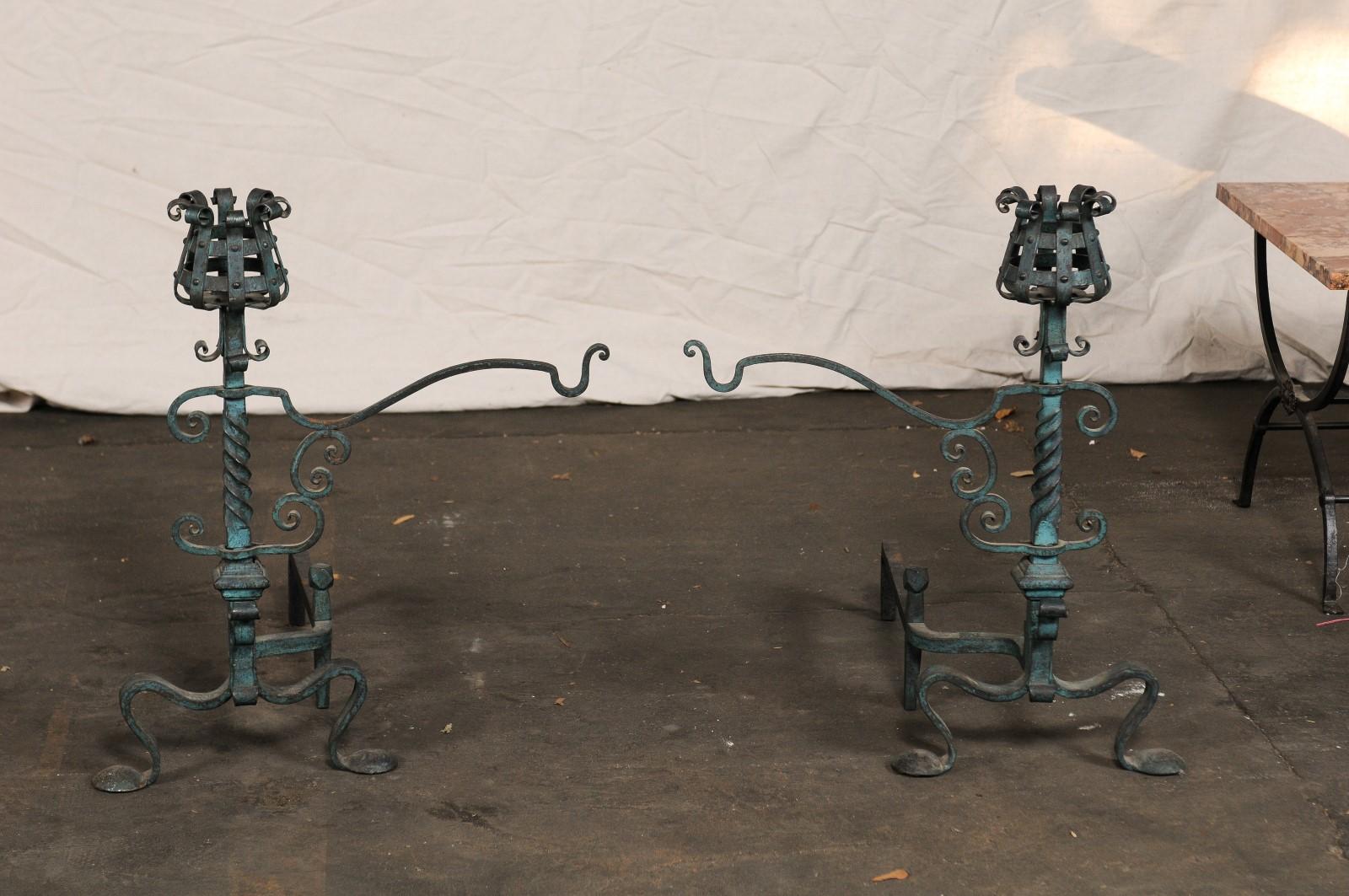 Pair of American Iron Andirons with Patina Finish and Cooking Arms, circa 1900 For Sale 1