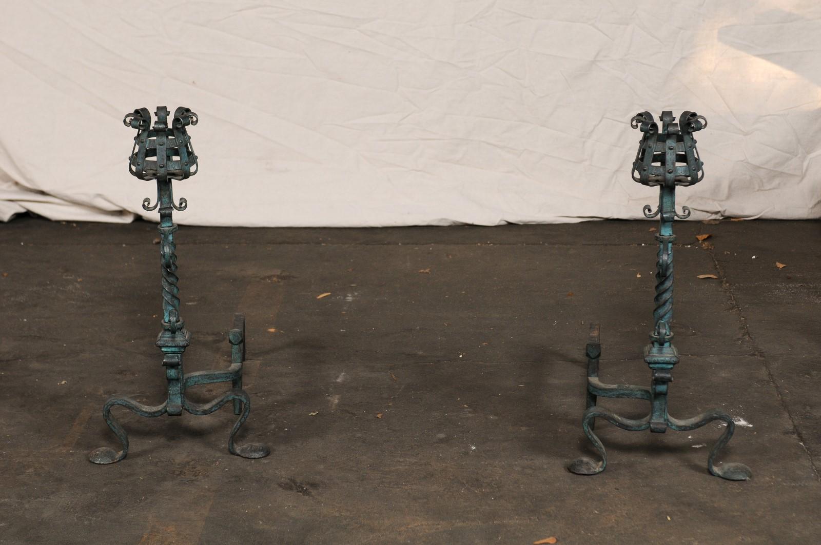 Pair of American Iron Andirons with Patina Finish and Cooking Arms, circa 1900 For Sale 2