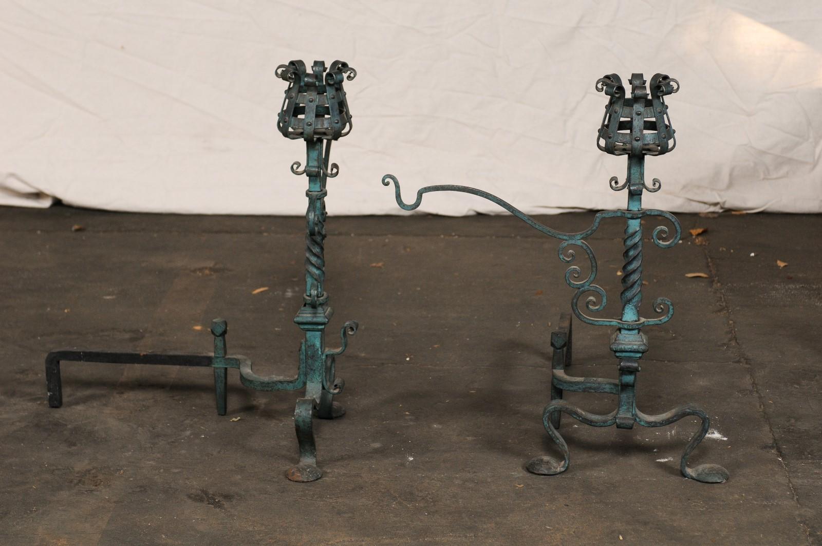 Pair of American Iron Andirons with Patina Finish and Cooking Arms, circa 1900 For Sale 3