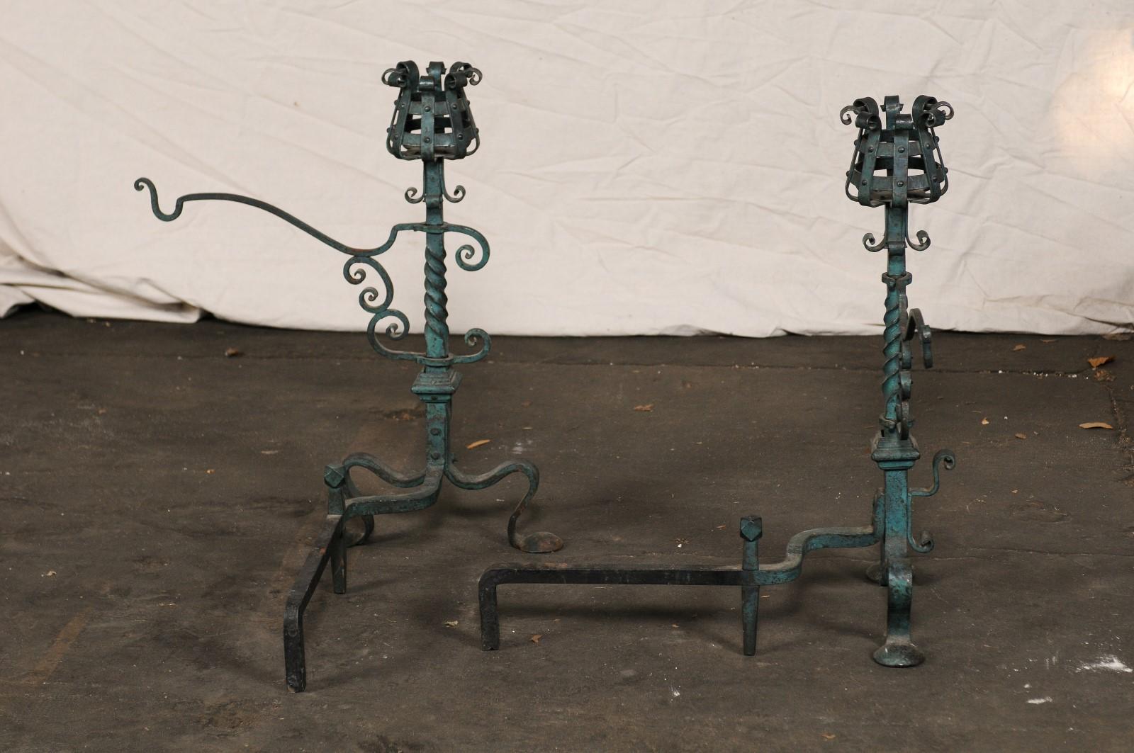 Pair of American Iron Andirons with Patina Finish and Cooking Arms, circa 1900 For Sale 4
