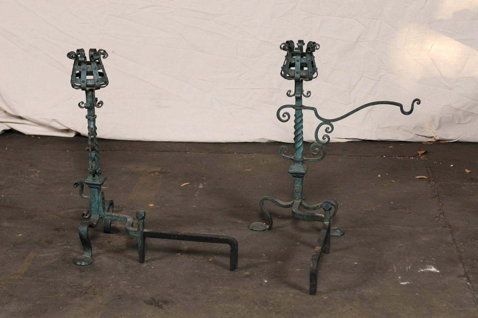 Pair of American Iron Andirons with Patina Finish and Cooking Arms, circa 1900 For Sale 5