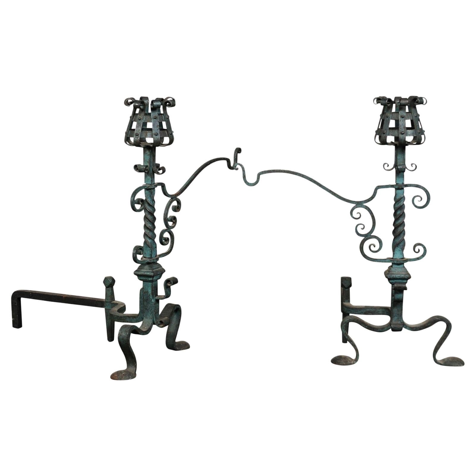 Pair of American Iron Andirons with Patina Finish and Cooking Arms, circa 1900 For Sale