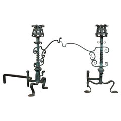 Antique Pair of American Iron Andirons with Patina Finish and Cooking Arms, circa 1900