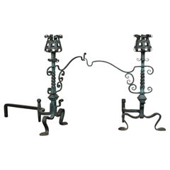 Pair of American Iron Andirons with Patina Finish and Cooking Arms, circa 1900