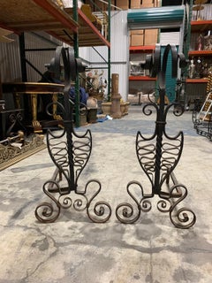 Pair of American Iron Andirons with Scroll and Shield, circa 1900