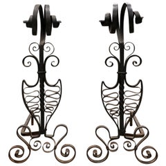 Pair of American Iron Andirons with Scroll and Shield, circa 1900