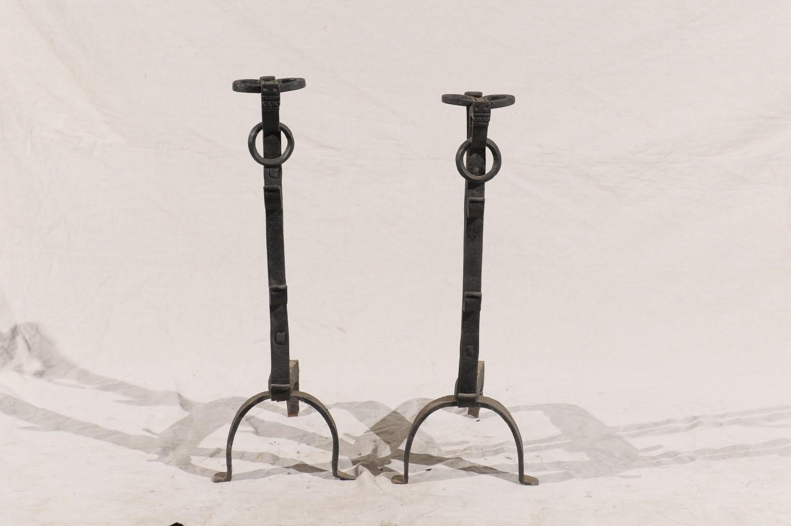 Pair of American Large Hand Forged Simple Andirons with Rings, circa 1900 In Good Condition For Sale In Atlanta, GA