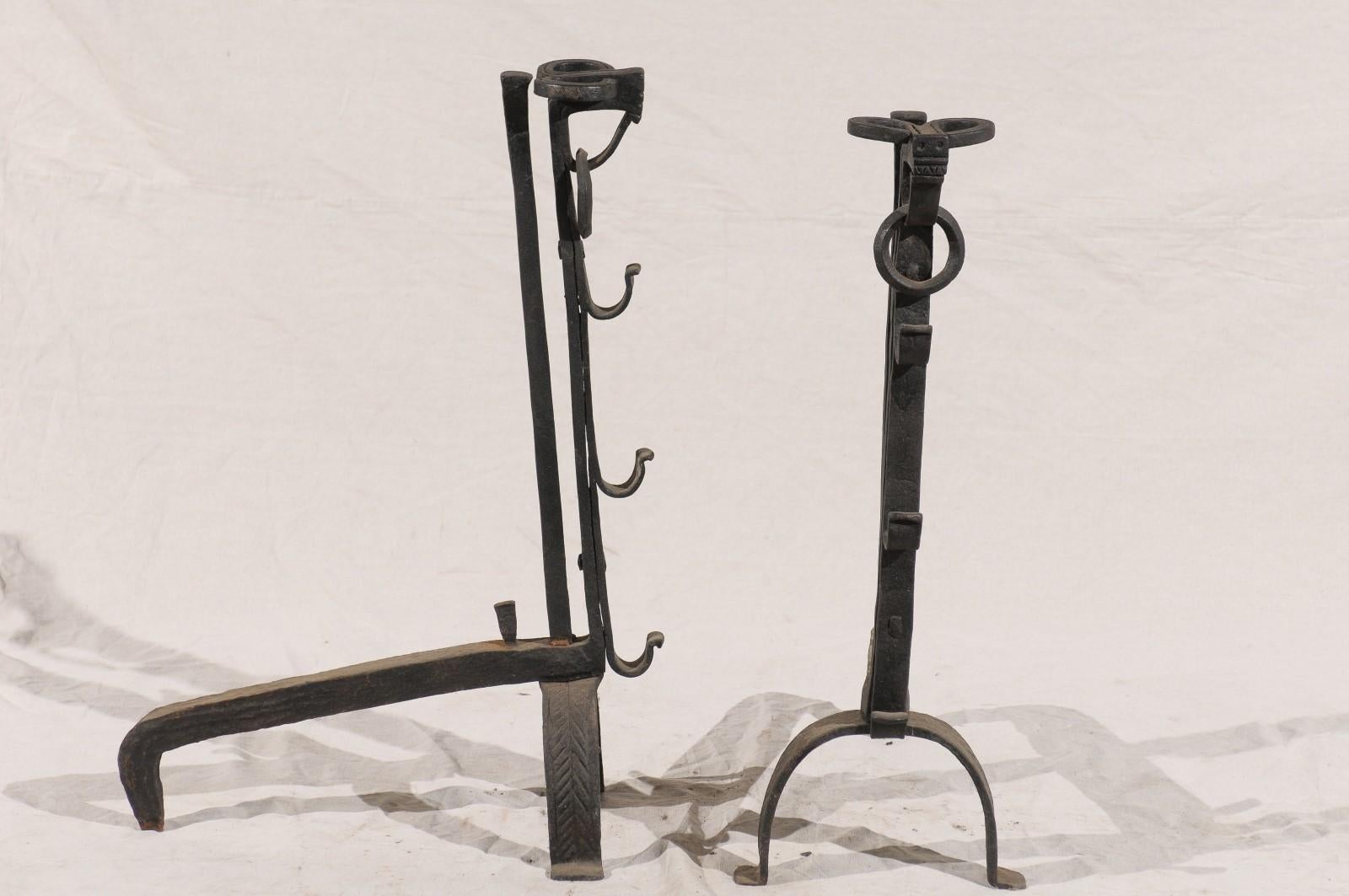 Early 20th Century Pair of American Large Hand Forged Simple Andirons with Rings, circa 1900 For Sale