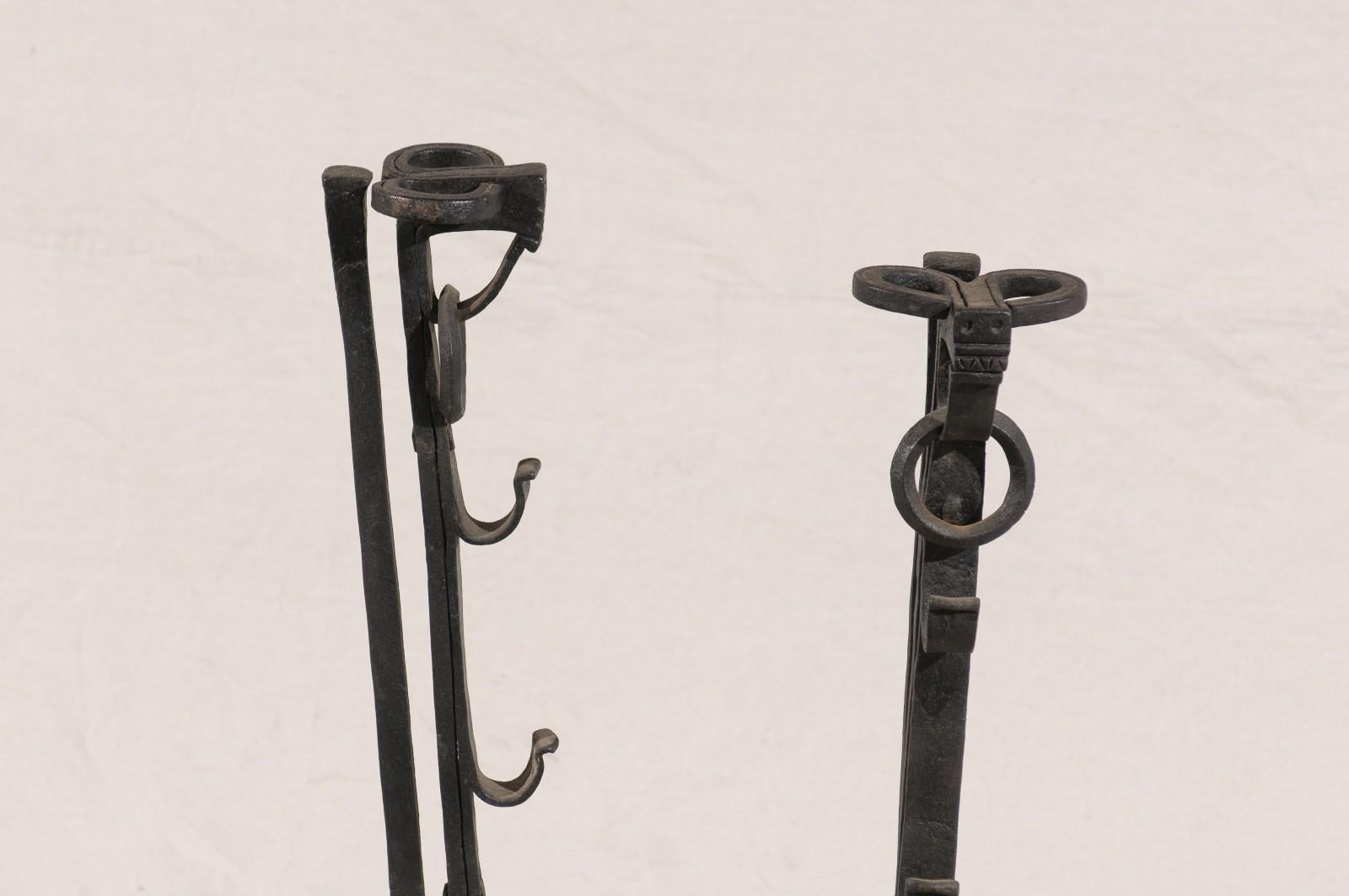 Iron Pair of American Large Hand Forged Simple Andirons with Rings, circa 1900 For Sale