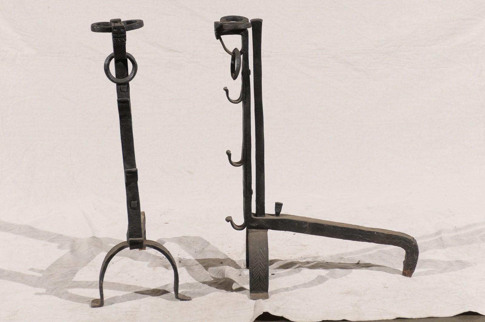Pair of American Large Hand Forged Simple Andirons with Rings, circa 1900 For Sale 4