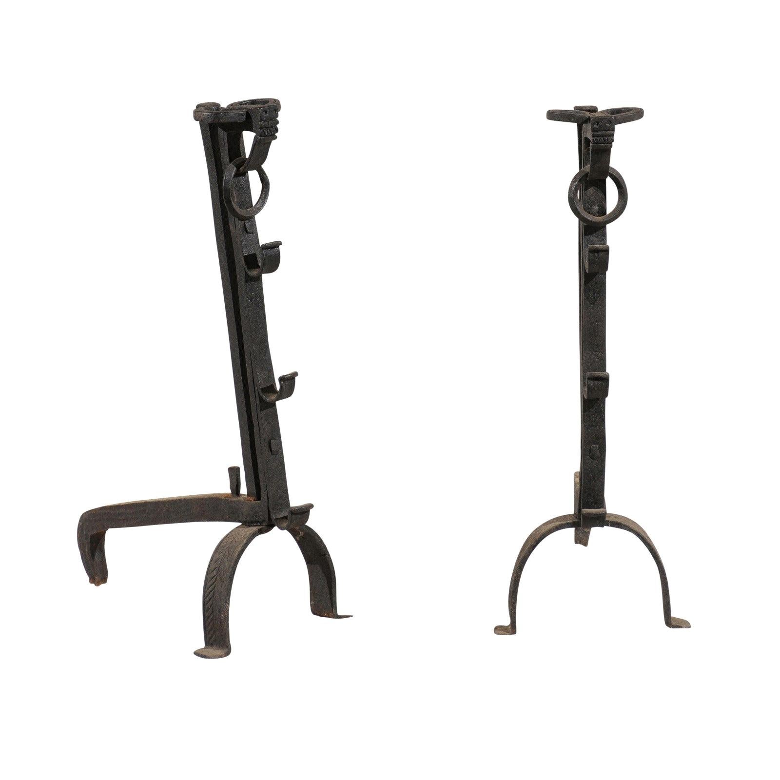 Pair of American Large Hand Forged Simple Andirons with Rings, circa 1900 For Sale