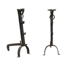 Pair of American Large Hand Forged Simple Andirons with Rings, circa 1900