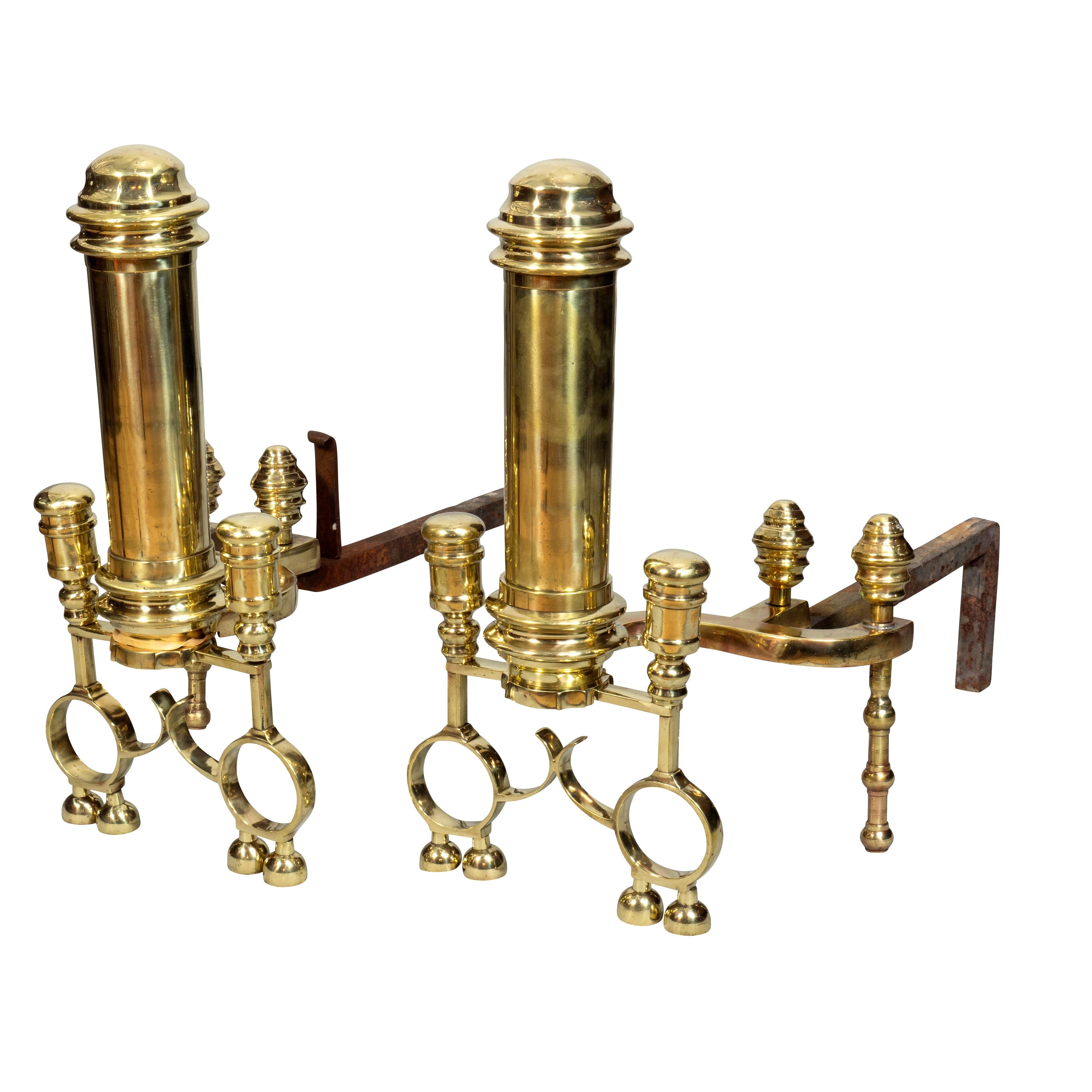 Mid-19th Century Pair of American Late Federal Brass Andirons For Sale
