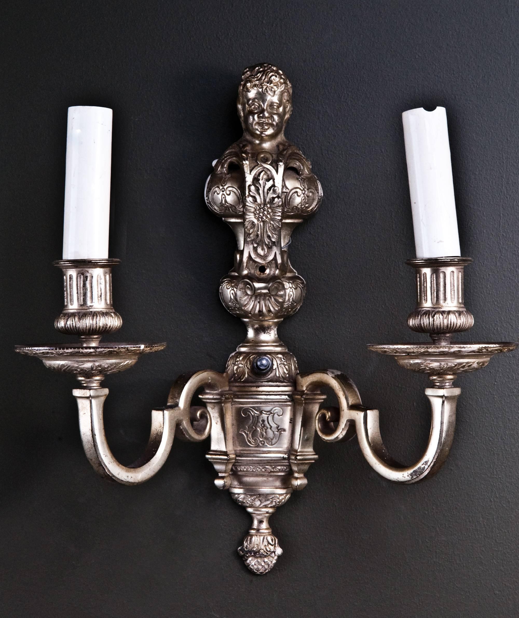 Pair of American Louis XVI Style Silvered Sconces Attributed to E.F. Caldwell In Fair Condition For Sale In New York, NY