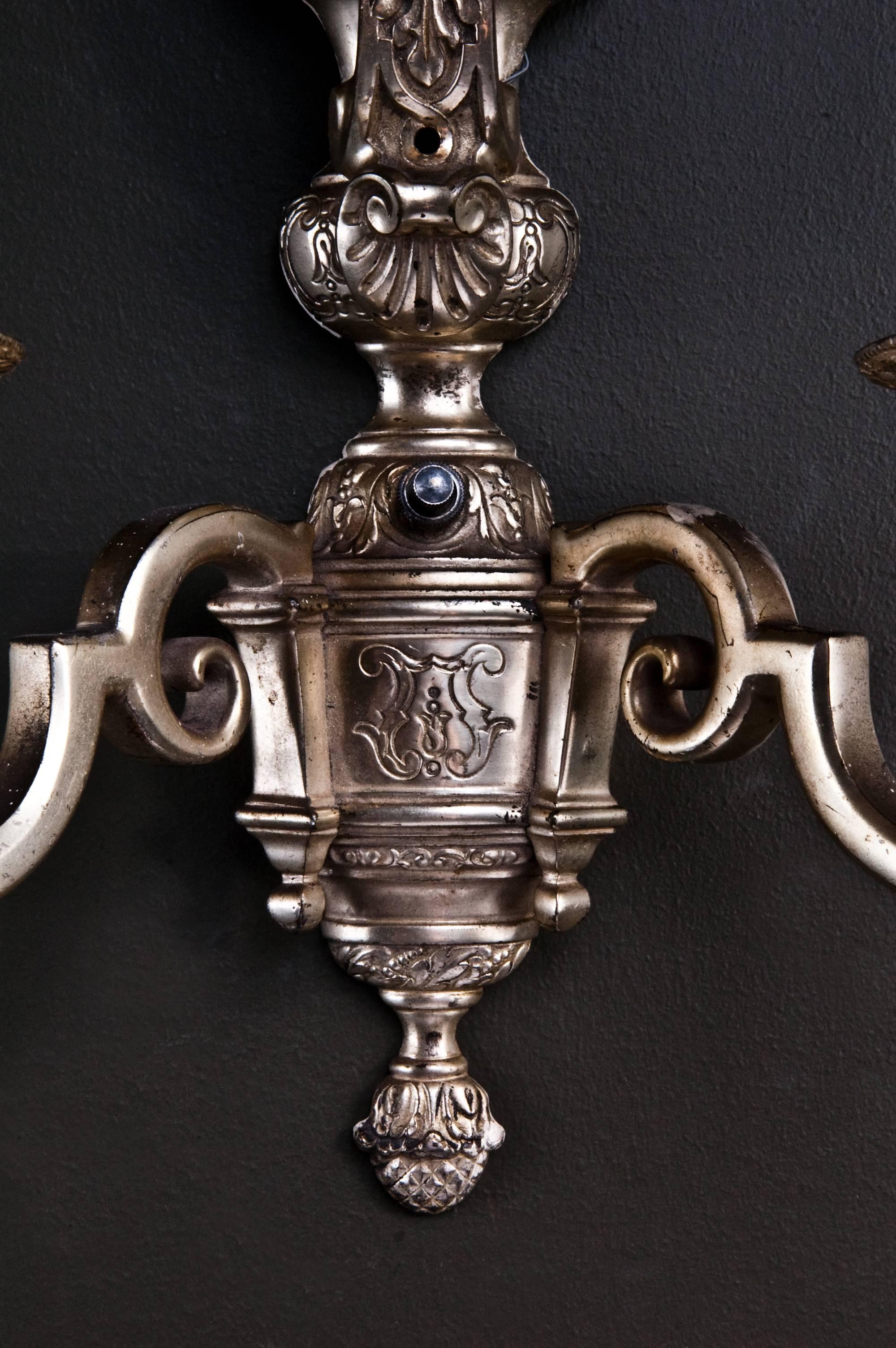 20th Century Pair of American Louis XVI Style Silvered Sconces Attributed to E.F. Caldwell For Sale