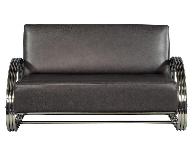 Pair of American Made MidCentury Modern Inspired Leather Loveseat Sofas at 1stDibs
