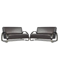 Pair of American Made Mid-Century Modern Inspired Leather Loveseat Sofas