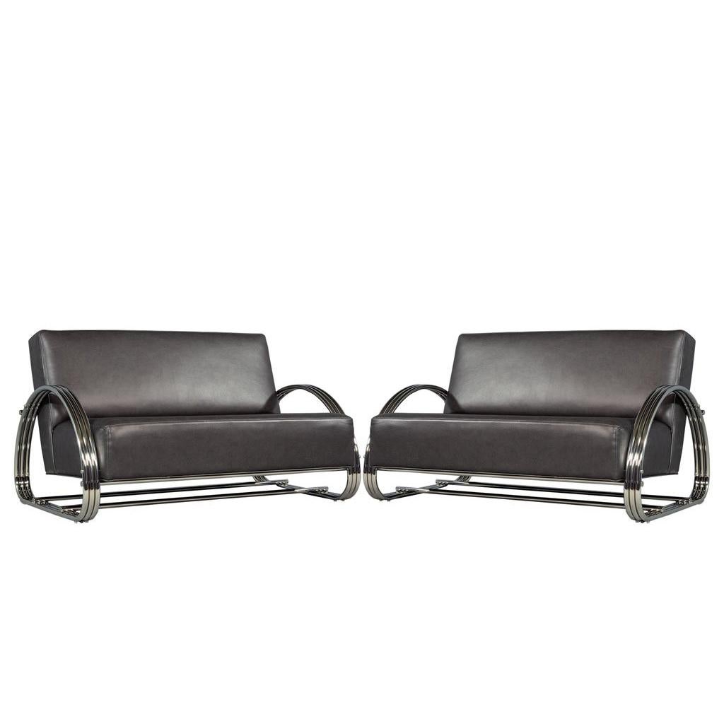 Pair of American Made Mid-Century Modern Inspired Leather Loveseat Sofas