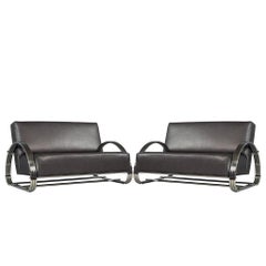 Pair of American Made Mid-Century Modern Inspired Leather Loveseat Sofas