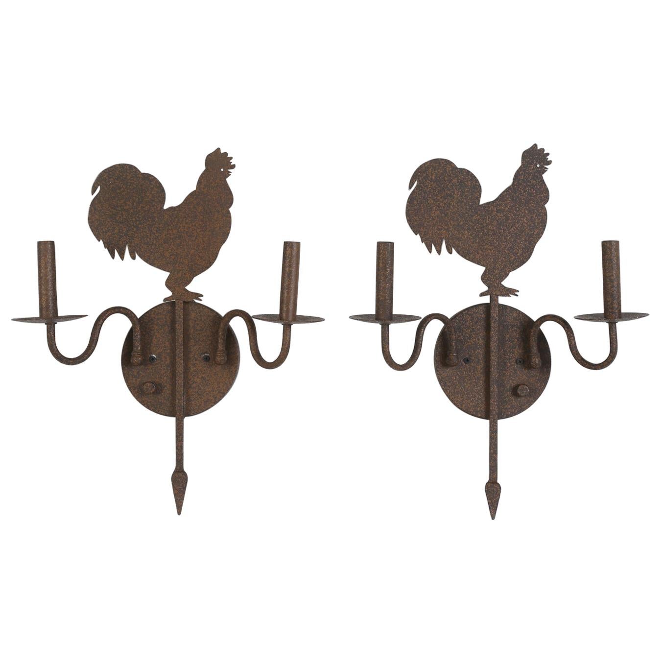 Pair of American Made Rooster Sconces For Sale