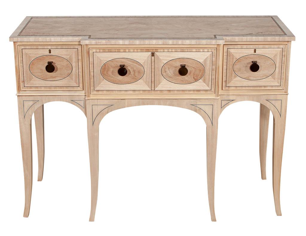 American mahogany console servers in natural washed finish. Original design and look with beautiful inlaid work and slender curved legs. This piece is perfect the console or sideboard for a condo dining room or hallway.

Price includes