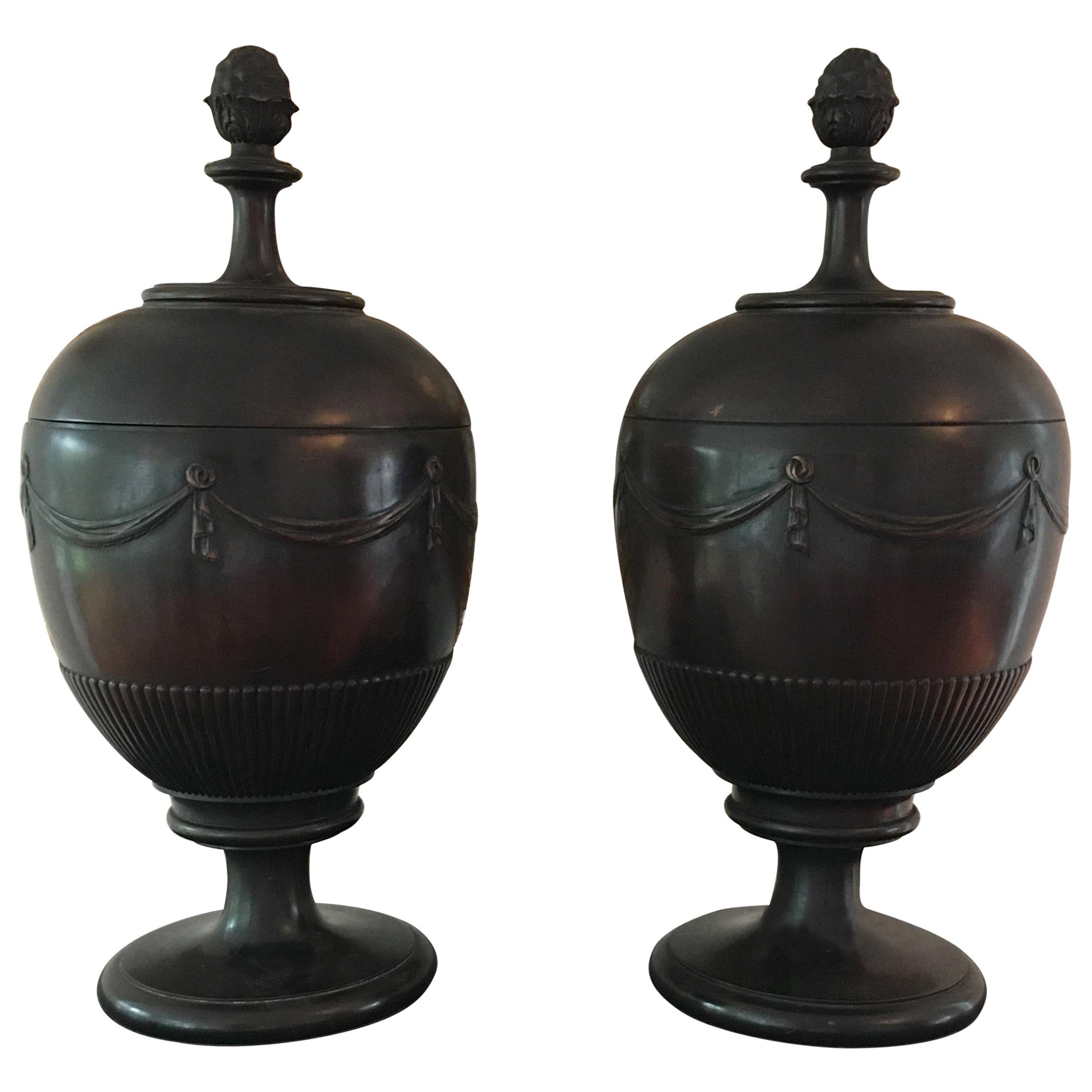 Pair of American Mahogany Cutlery Box Urns