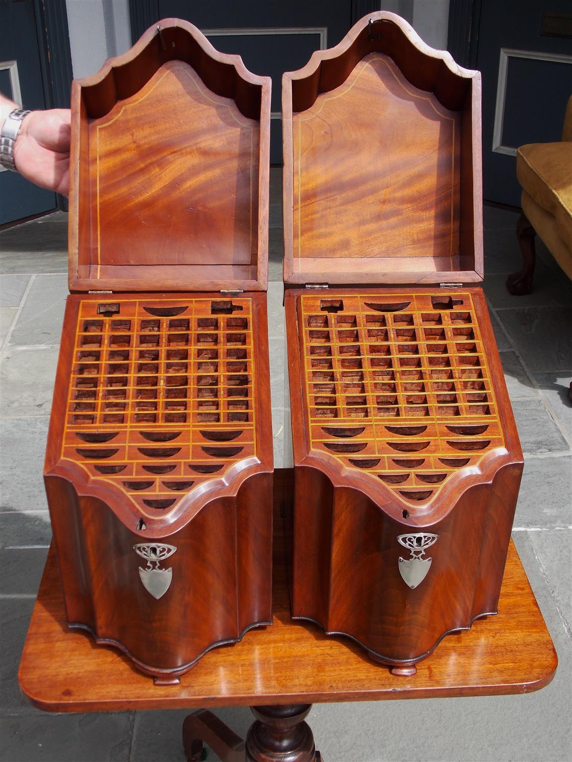 Hand-Carved Pair of American Mahogany Serpentine Cutlery Boxes with Silver Mounts , C. 1790